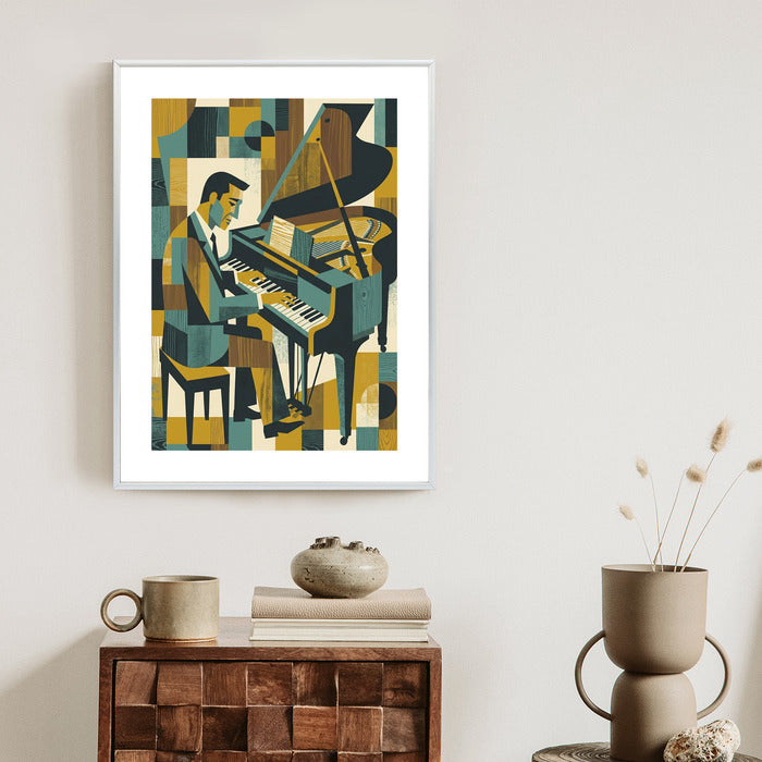 Plakat Harmonia Rytmu: Fortepian w Stylu Retro-Kubizmu