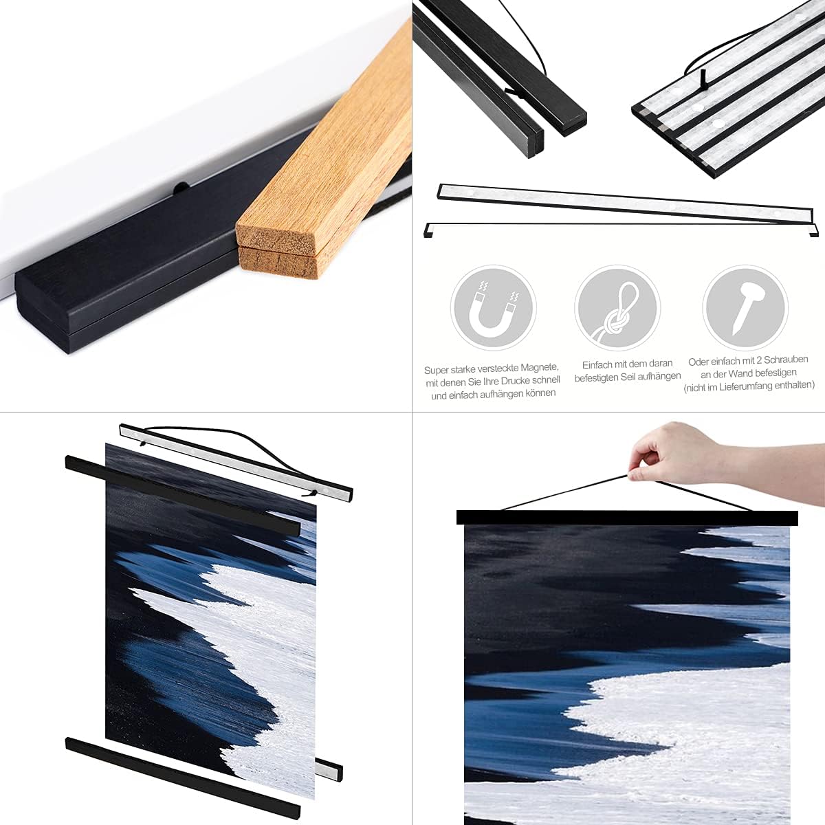 Listwa plakatowa A1, listwa plakatowa, 61 cm, magnetyczne drewno, do zawieszania, ramy, listwy, obrazy, ramka na zdjęcia, ramka na zdjęcia 60 x 90 cm, 61 x 91,5, 60 x 40 cm (61 cm, czarna)