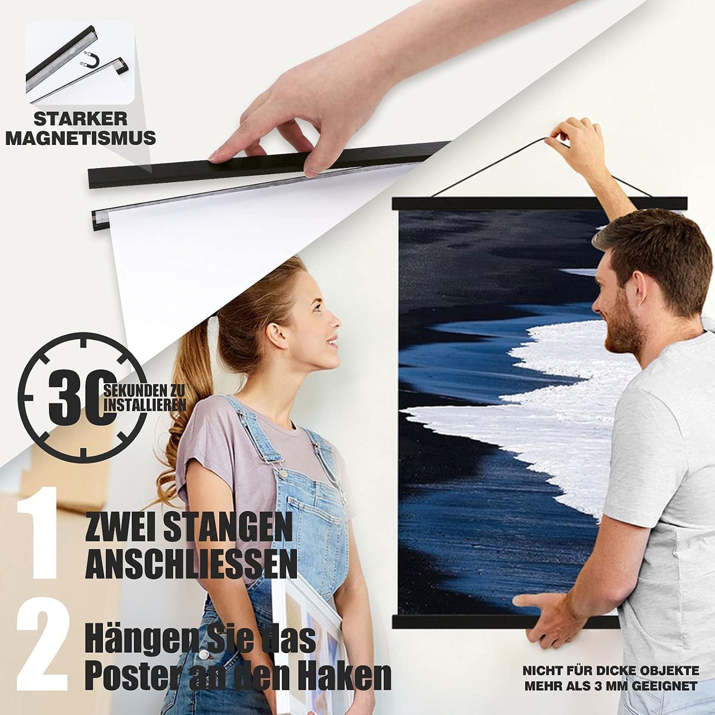 Listwa plakatowa A1, listwa plakatowa, 61 cm, magnetyczne drewno, do zawieszania, ramy, listwy, obrazy, ramka na zdjęcia, ramka na zdjęcia 60 x 90 cm, 61 x 91,5, 60 x 40 cm (61 cm, czarna)