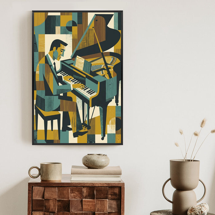 Plakat Harmonia Rytmu: Fortepian w Stylu Retro-Kubizmu