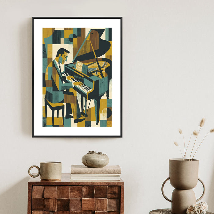 Plakat Harmonia Rytmu: Fortepian w Stylu Retro-Kubizmu