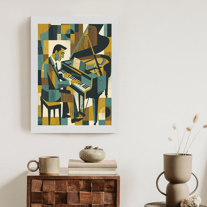 Plakat Harmonia Rytmu: Fortepian w Stylu Retro-Kubizmu