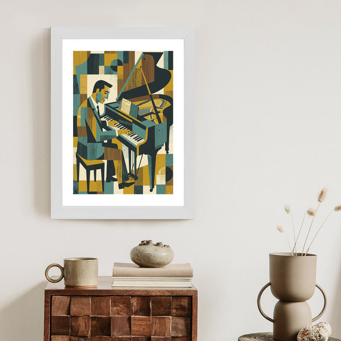 Plakat Harmonia Rytmu: Fortepian w Stylu Retro-Kubizmu
