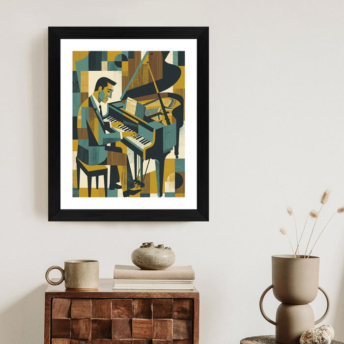 Plakat Harmonia Rytmu: Fortepian w Stylu Retro-Kubizmu
