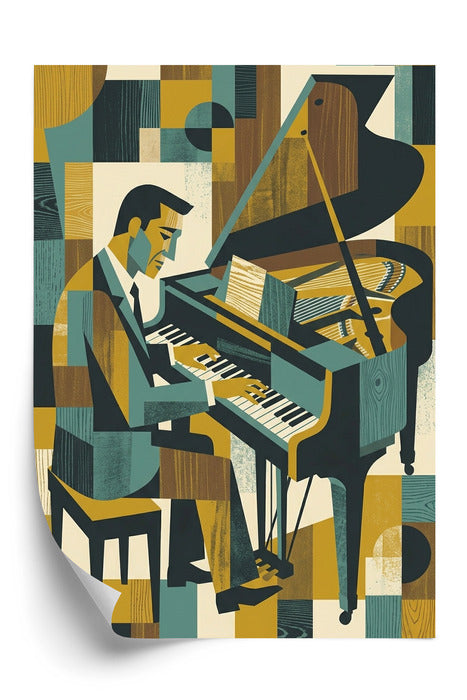 Plakat Harmonia Rytmu: Fortepian w Stylu Retro-Kubizmu
