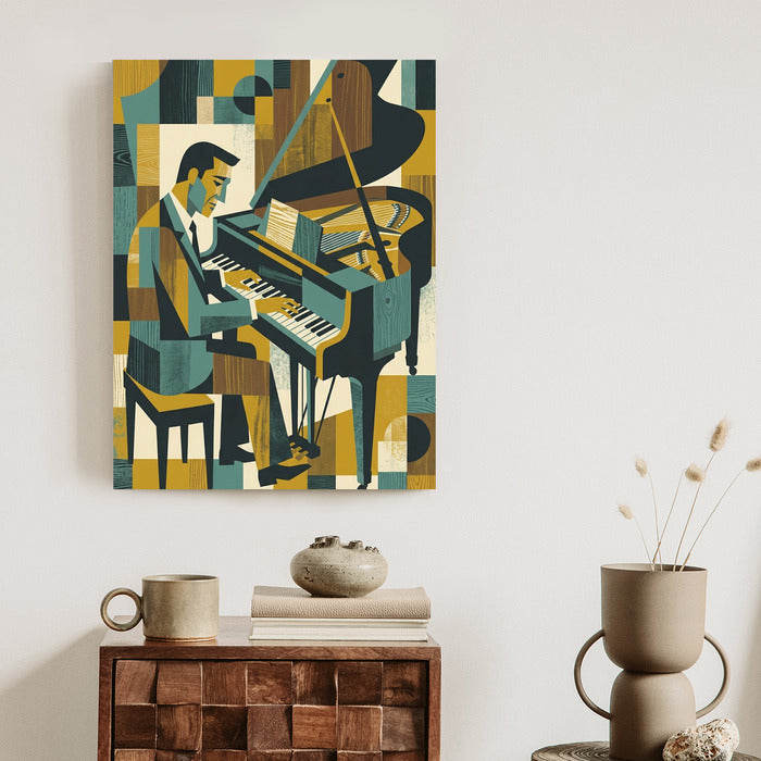 Plakat Harmonia Rytmu: Fortepian w Stylu Retro-Kubizmu