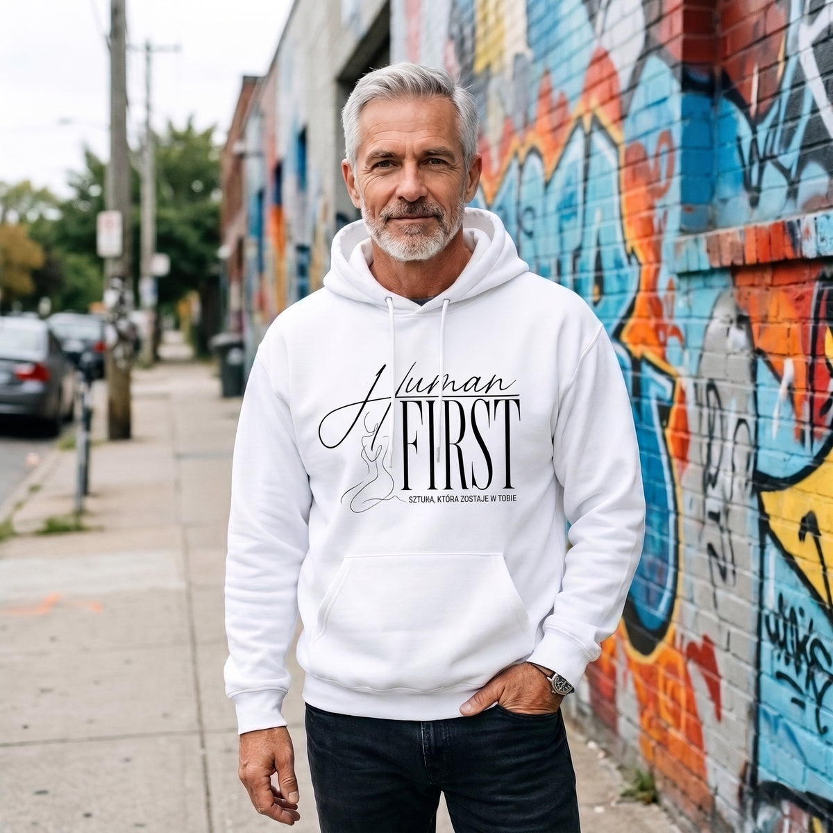 Bluza z Kapturem „Human First” – Heavyweight Hoodie - biała